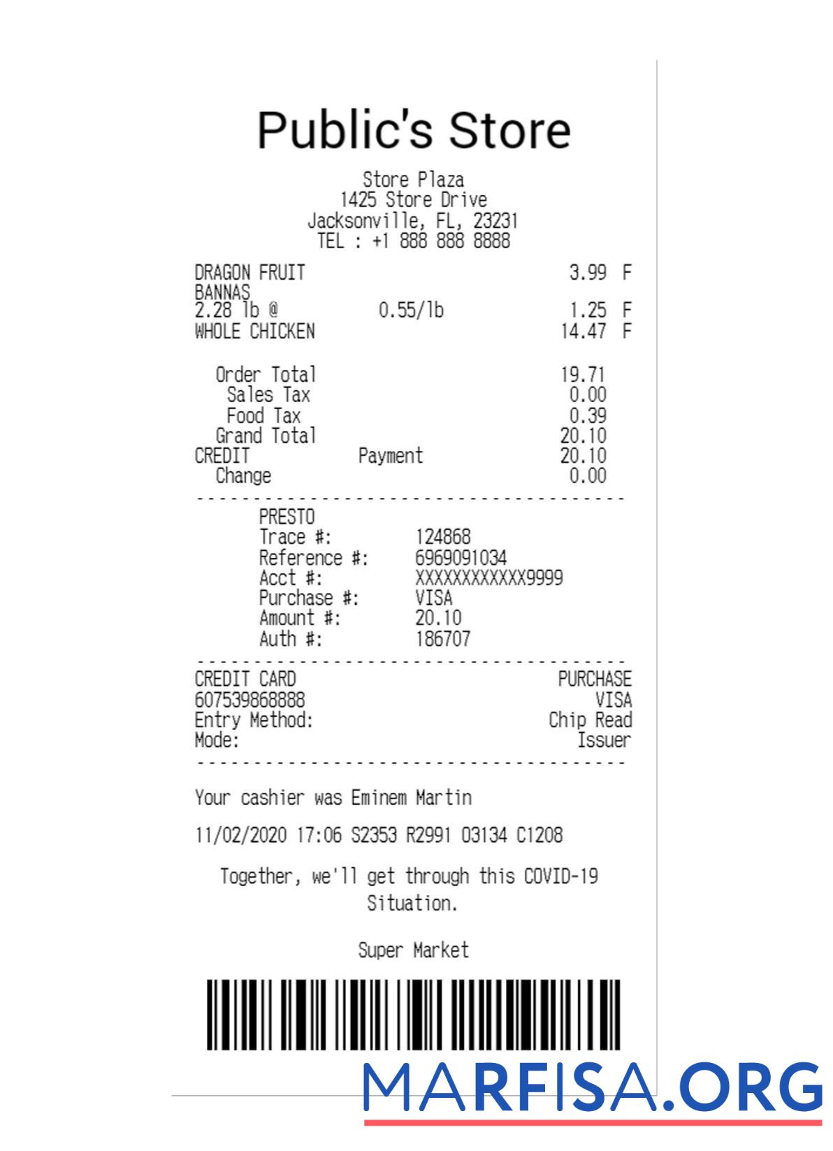 Downloadable PUBLIC'S STORE payment receipt sample